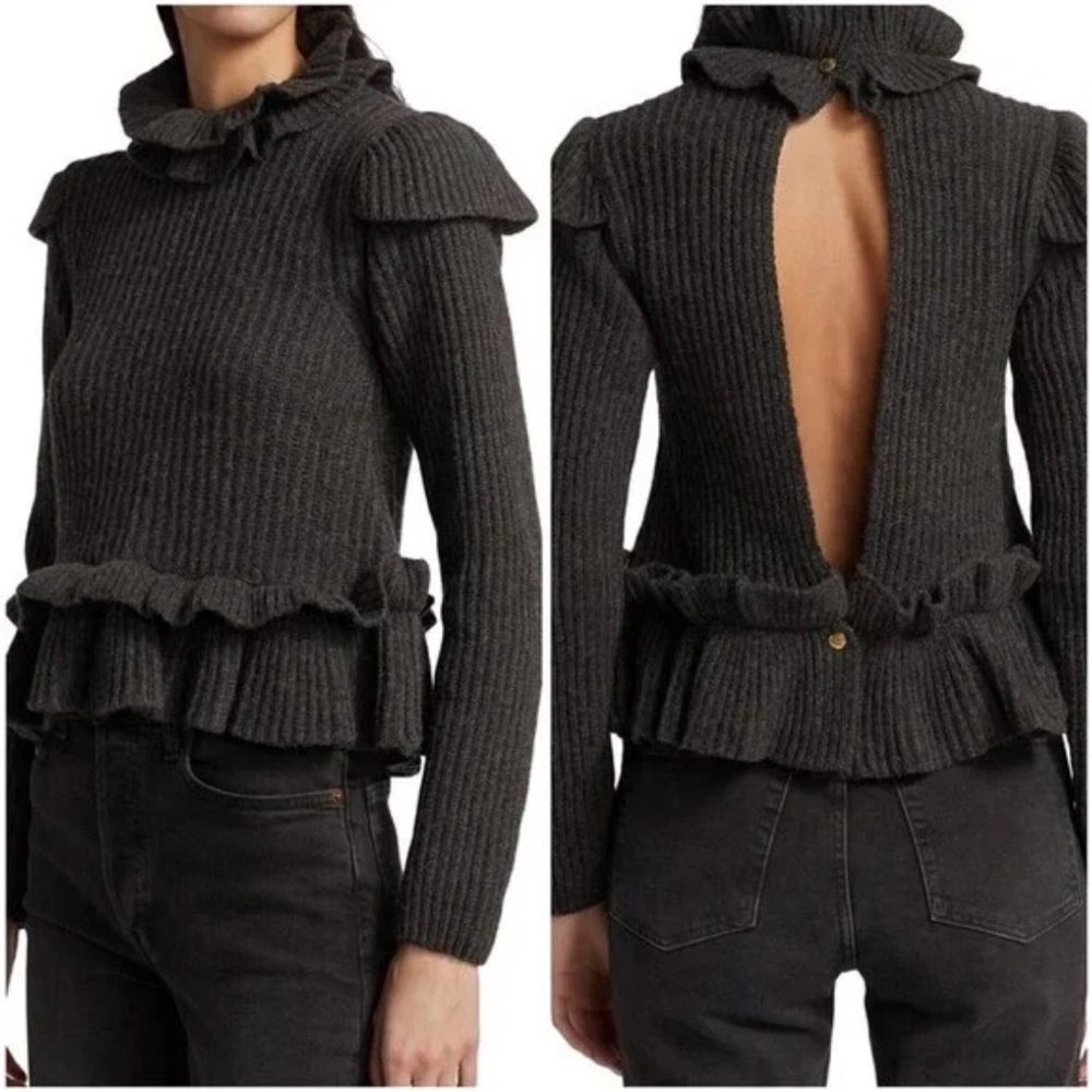 Ganni Stylish Charcoal Open-Back Ruffle Sweater Peplum Wool-blend